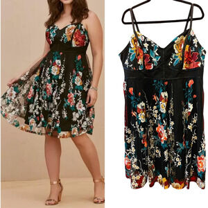 Torrid Size 22 Black Mesh Floral Embroidered Party‎ Cocktail Formal Tank Dress